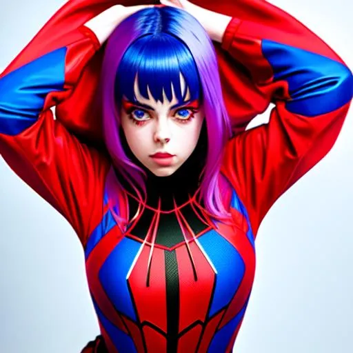 Prompt: Billie Eilish wearing a red and blue spider woman costume