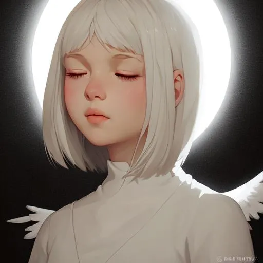 Prompt: Portrait of an angel. White background. Her eyes are closed. White halo over head. HD. Ilya Kuvshinov.