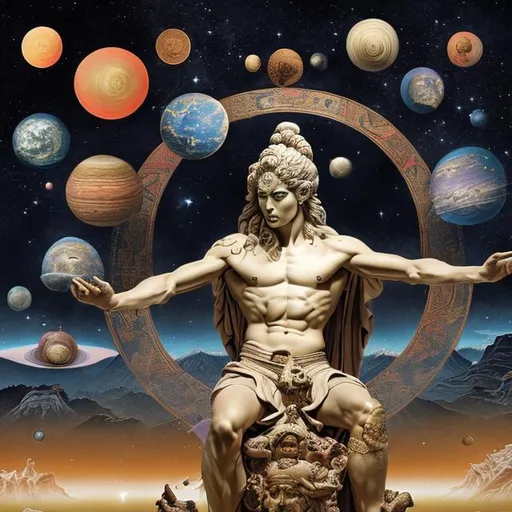 Prompt: Cd cover with a greek god statue with no head in the foreground and Japanese paintings depicting deep space
 in the background 