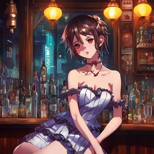 Prompt: "Girl wearing strapless frock and sitting in bar at night by artist "anime", Anime Key Visual, Japanese Manga, Pixiv, Zerochan, Anime art, Fantia"