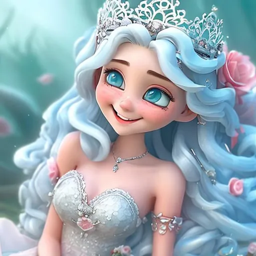 Prompt: sea nymph with grey eyes and a smile on her face a crown on her head as she is a princess smiling face has dimples pale white skin with pink cheeks and blood red lips and silver hairs a beautiful princess sitting with her parents king a queen girl should be mature at least 23 year old features should be very define