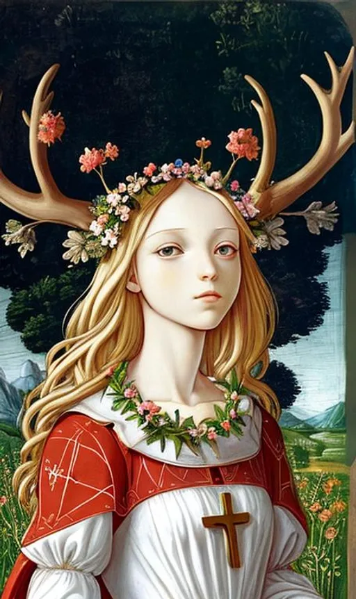 Prompt: Blond girl with flowers in her hair, antlers, crucifix around her neck, wearing a dress, holding a bible, flora growing all around her, in the art style of Sandro Botticelli, a church in the background 