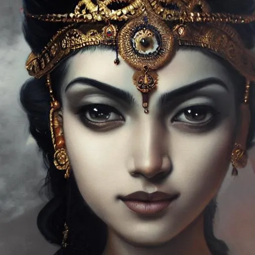 Prompt: Portrait of {Krishna} with {black} hair and with cute face, {heavenly}, perfect composition, hyperrealistic, super detailed, 8k, high quality, trending art, trending on artstation, sharp focus, studio photo, intricate details, highly detailed, by greg rutkowski