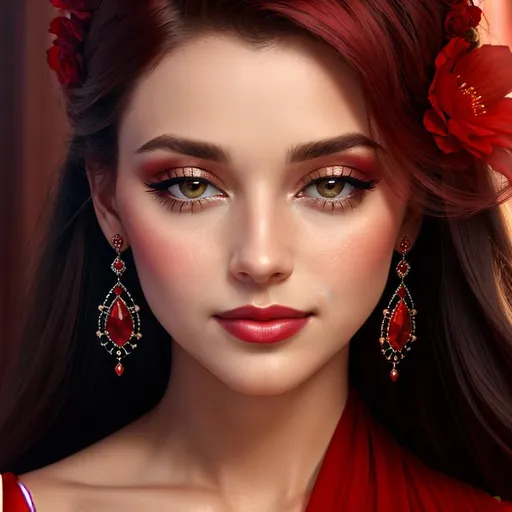 Prompt: Beautiful ethereal woman. color scheme of tuquoise and red. facial closeup