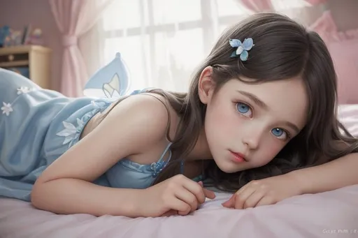 Prompt: Please produce photography in the style of Petter Hegre of cute Disney Princess Periwinkle fairy 112yo,pretty eyes, children face, lying on bed in a professional photoshoot, glamour hairstyle with long hair, (flat) Chest,  painted body,  professional lighting, highly detailed art by greg rutkowski