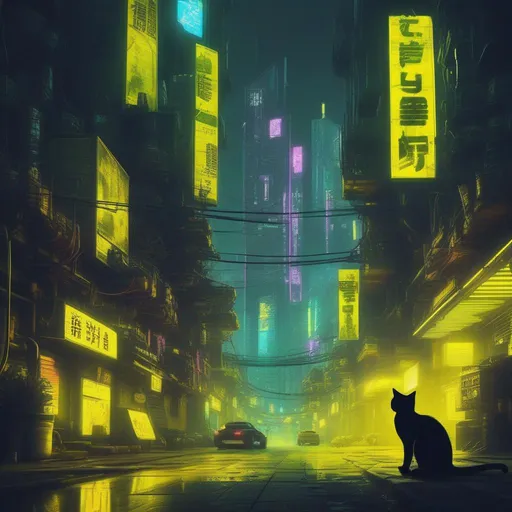 Prompt:  cyberpunk city with cat neon yellow signs 