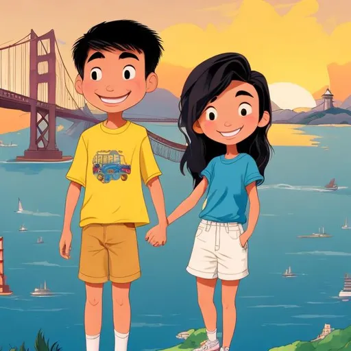 Prompt: cartoon, studio Ghibili style, one asian girl and one asian boy, smiling at each other, on a boat, holding hands, golden gate bridge and sunset in the background, the girl wears a yellow dress, the guy wears a blue shorts and white t shirt