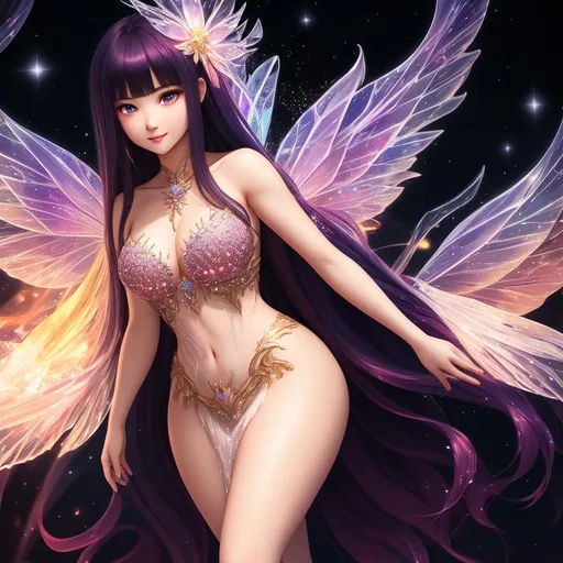 Prompt: ((crystal bi'an)), young, crystalized melting wings, crystal projectiles, long hair, pale skin, large chest, mole under eye, fairy dress, grin, short girl, petite, thicc thighs, wide hips, huge bum, symmetrically colored hair, ((full body)) {{good looking}} {{cute}} {{good body}} {{tight}}, {{shadows}}, oblique