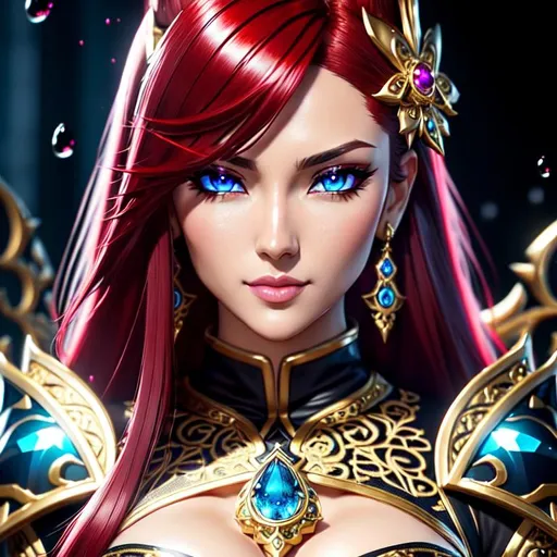 Prompt:  wide angle shot, 3d,  Same color eyes, detailed eyes, clear eyes, Splash art, front, wearing accessories, epic Instagram, very detailed, artstation, hyperdetailed intricately detailed ,intricate detail, splash screen, complementary colors, fantasy concept art, 4k, heavy strokes, realistic painting, splash arts, crimson hair, full height, full body, dresses