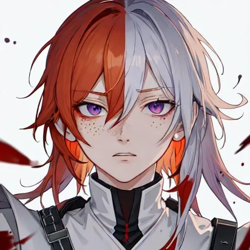 Prompt: Erikku male adult (short ginger hair, freckles, right eye blue left eye purple)  Highly detailed, insane detail, anime style, covered in blood, psychotic, pointing a shotgun straight at the camera, blood everywhere