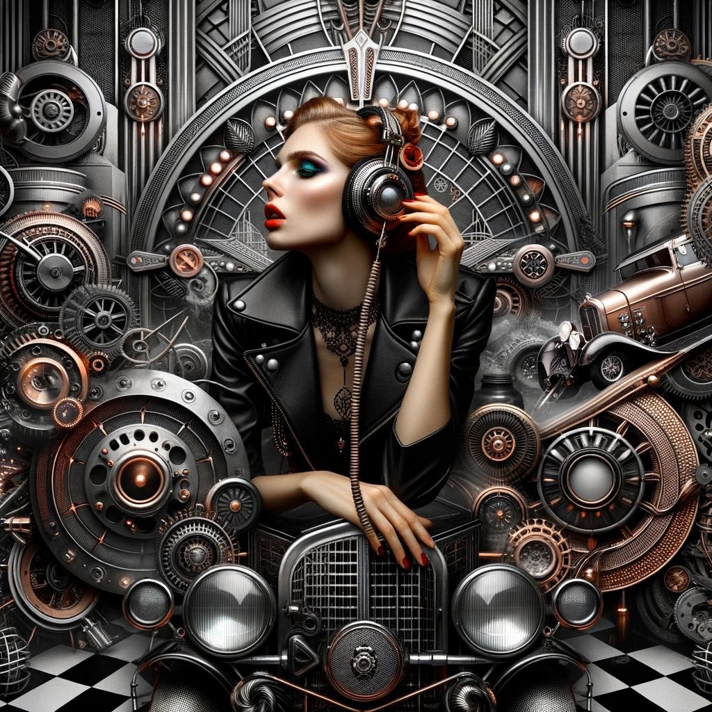 Prompt: Photo of a woman with headphones, surrounded by art deco elements and dieselpunk machinery, capturing the essence of gothic pop surrealism.