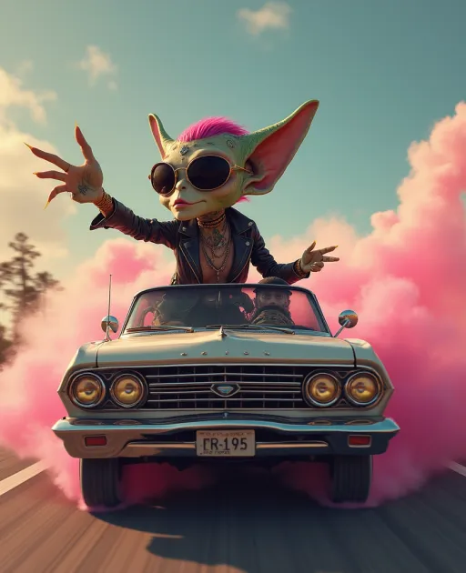 Prompt: tattooed female alien wearing sunglasses and a leather coat driving fast down a road in a classic car with pink clouds

