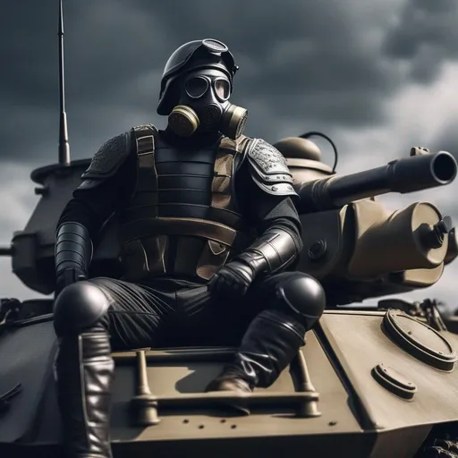 Prompt: A depression modern roman military male in black military roman armor, and gas mask, sitting on a tank, Hyperrealistic, sharp focus, Professional, UHD, HDR, 8K, Render, electronic, dramatic, vivid, pressure, stress, traumatic, dark.