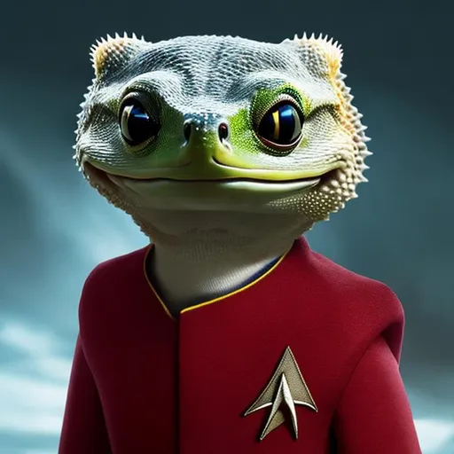 Prompt: A portrait of the Geico gecko, wearing a Starfleet uniform, in the style of "Star Trek the Next Generation."