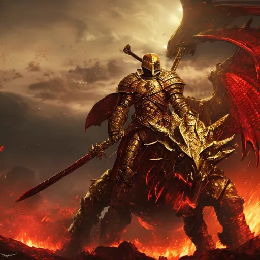 Prompt: Spartan fighter, ultra realistic, daylight shining armour, soldier, battlefield golden fighting giant red dragon with shimmering scales, cataclysmic event in the background