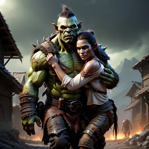 Prompt: male orc carrying a woman on his back to safety from battle, realistic skin texture, professional, highres, detailed, dramatic, rescue, urban, intense lighting, atmospheric