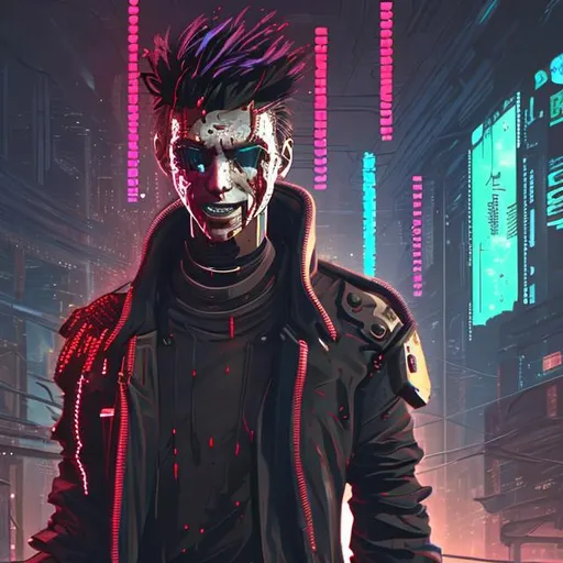 Prompt: A cyberpunk universe human, covered in augmentations. He is covered in blood of his enemies and wears a slick smile knowing he's the boss. 