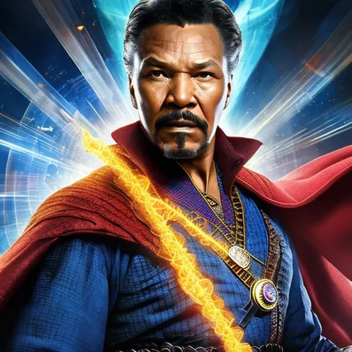 Prompt: Billy Dee Williams as Dr. Strange, 100K, movie poster, hyper realistic, High resolution, have the cape flowing, serious face, 25 years old