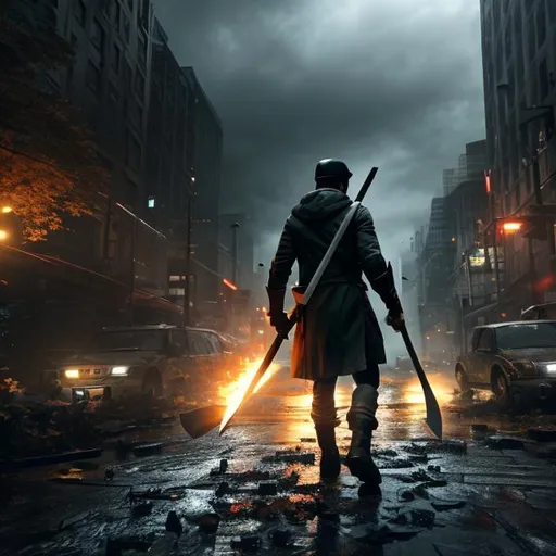 Prompt: A cinematic shot where a man standing with axe in a bloodshed city 
Green leaves
,

4k,HDR,SOPHISTICATED, VOLUMETRIC LIGHTING, hyper realistic, realism, heroic, vivid colours, 64k pixels