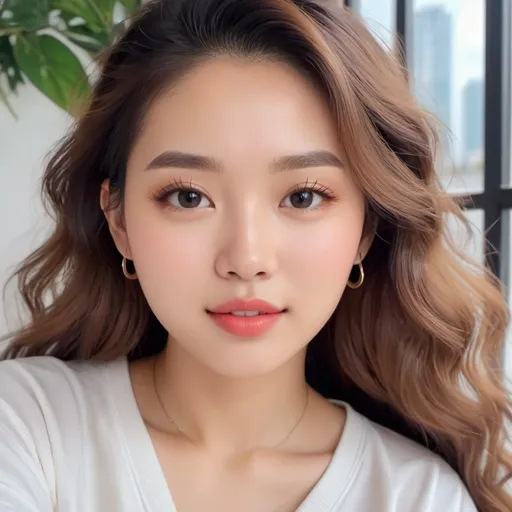 Prompt: White Wasian girl in TikTok video (showing TikTok GUI template. Cute, sensual, pretty, very appealing (half Spanish/ German and half Taiwanese/ Filipina that looks more white). More on the tan side, with brunette wavy curly hair