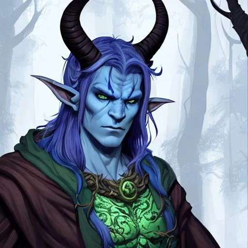 Prompt: forest druid, tiefling, male, strong, blue skin, large majestic horns, hellboy style