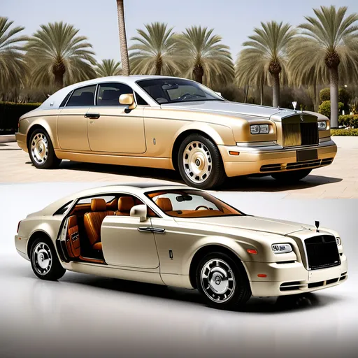 Prompt: a Rolls Royce Wraith that looks like a Delorean, and 2000 Chrysler Town and Country it is a light gold color