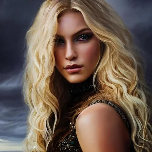 Prompt: Oil painting, Chiaroscuro, landscape, UHD, 8K, highly detailed, panned out view of the character, visible full body, a hyperdetailed Vikings tall girl, hyperdetailed large blonde hair, masterpiece, hyperdetailed full body, hyperdetailed feminine attractive face and nose, complete body view, ((hyperdetailed eyes)), perfect body, perfect anatomy, beautifully detailed face, alluring smile, ((scantily clad)), golden scales. She wears a black Nordic chest with gold and silver filigree and some runes and silver lace stockings with gold trim. (She is looking through a window of a high tower in an elven kingdom).