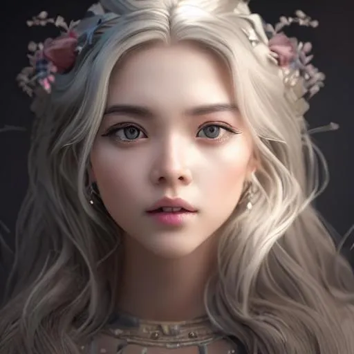 Prompt: Portrait of a Beautiful woman, kidmo face,cute, korean face, beautiful eyes, intricate silver hair, intricate, anime vibes, white skin, smiling, perfect body, perfect eyes, uhd, super detailed, hd, 4k,8k, unreal engine 8k octane,  lighting studio, trending on artstation, oil painting, fractal, perfect composition, hyperrealistic. 