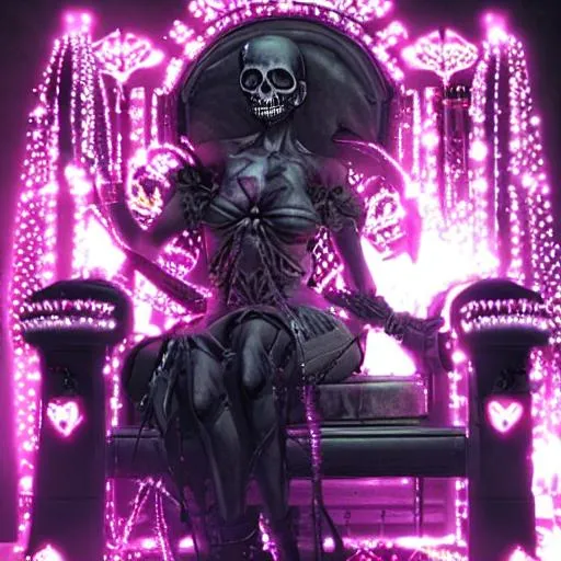 Prompt: ultra realistic skull queen on a throne with glowing lights