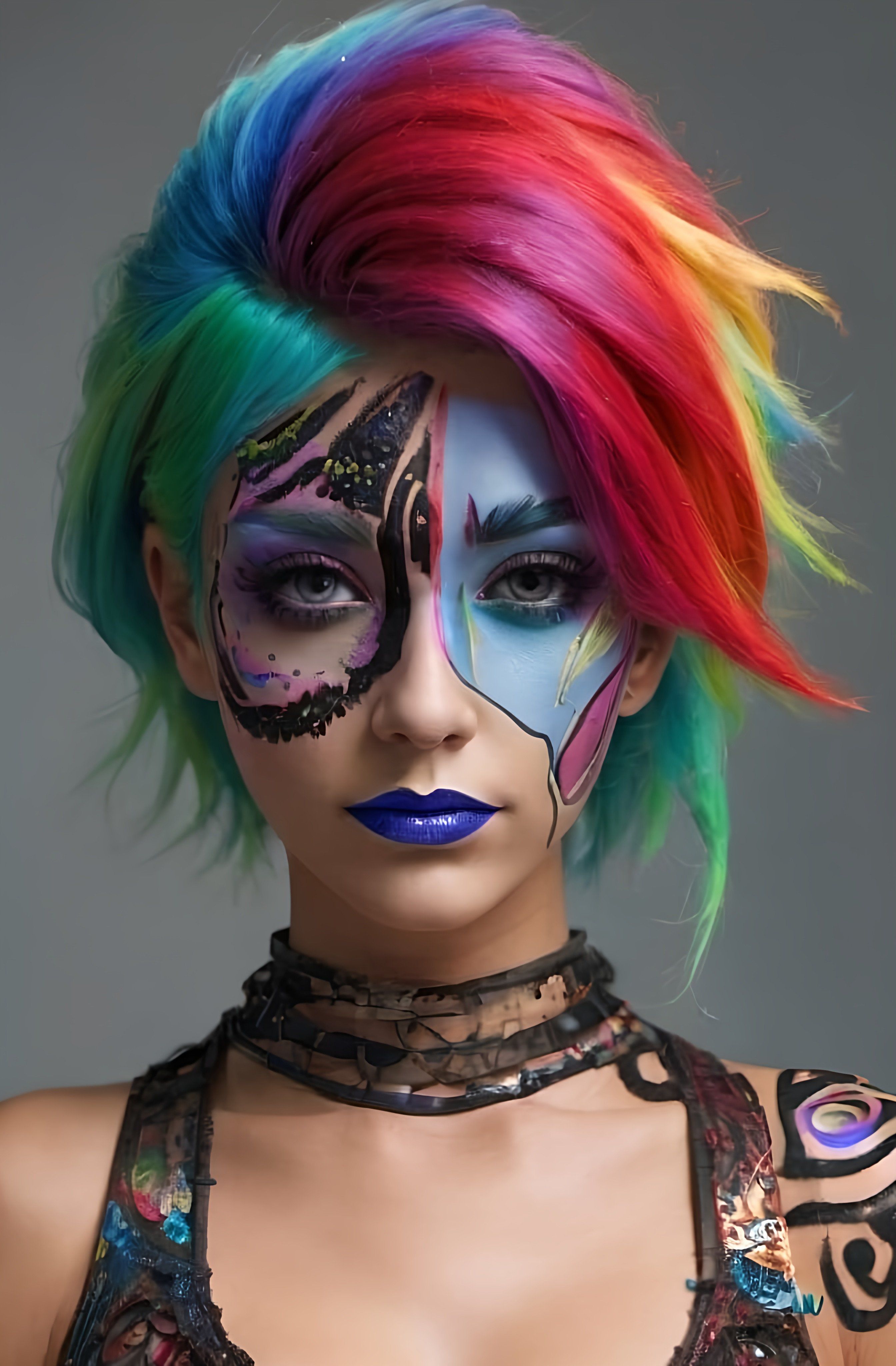 Prompt: a woman with colorful hair and makeup on her face and chest, with a colorful wig and makeup on her face