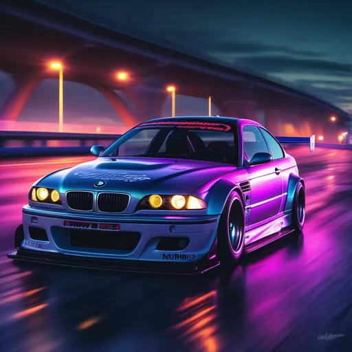 Prompt: 2001 BMW M3 E46 GTR, synthwave, aesthetic cyberpunk, miami, highway, dusk, neon lights, coastal highway, dusk, neon lights, coastal highway, sunset, drift, nurburgring