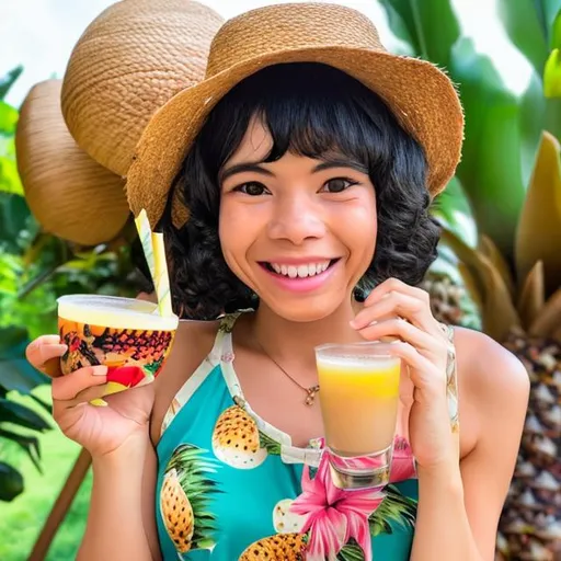 Cute girl in a straw hat,wearing a Hawaiian drinking