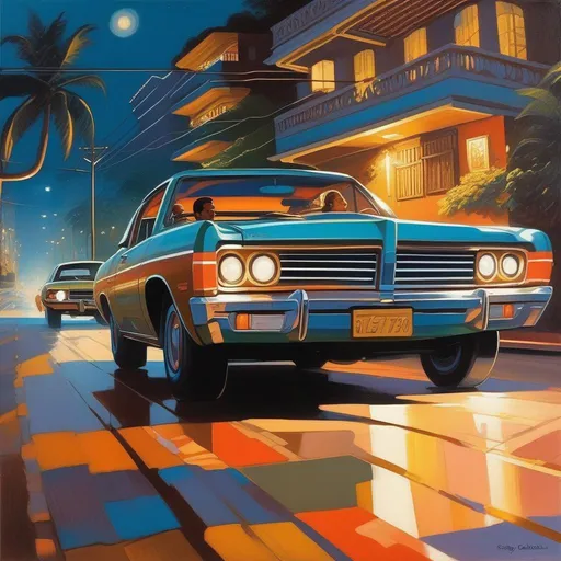 Prompt: 1970s, Caracas at night, car chase, warm atmosphere, cartoony style, extremely detailed painting by Greg Rutkowski and by Henry Justice Ford and by Steve Henderson