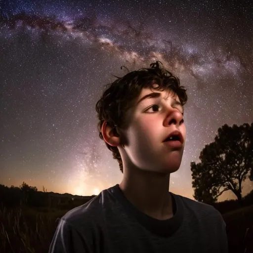 Prompt: sooth bodies 18 year old male looking at stars, sad expression on face
