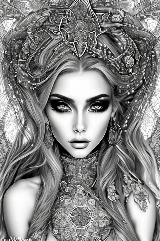 Prompt: coloring page , black and whitem of beautiful fantasy goddess,  clear facial features,  fantasy, smooth lines, beautiful , dreamy, black and white, detailed, boho style