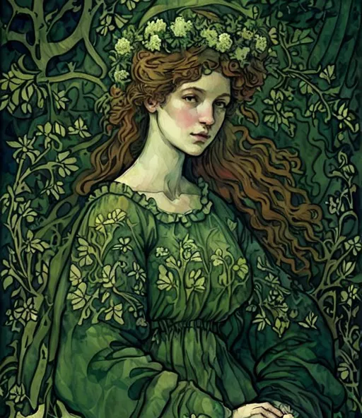 Prompt: create a picture, william morris style with a beautiful forest goddess