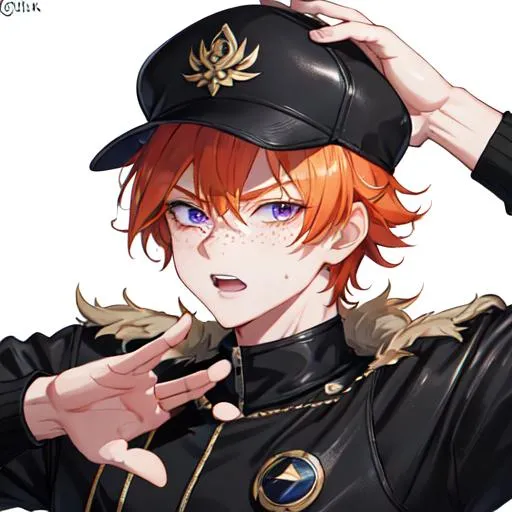 Prompt: Erikku male (short ginger hair, freckles, right eye blue left eye purple) muscular, UHD, 8K, Highly detailed, insane detail, best quality, high quality. hands in the air, wearing a sideways baseball cap, black jacket, black shorts