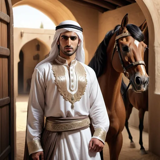 Prompt: Full body, Fantasy illustration of a male arab groom, 30 years old, long ponytail, traditional Arab garment, grumpy expression, high quality, rpg-fantasy, detailed, in a Arabian style horse stable 
