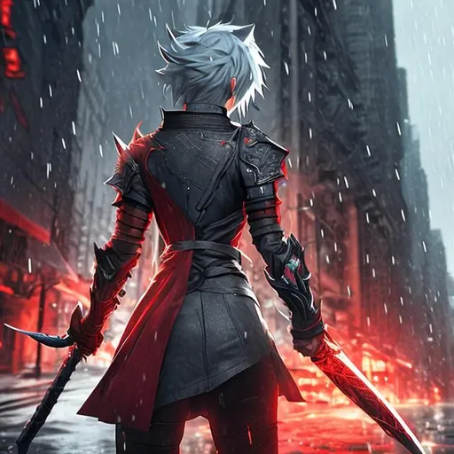 Prompt: badass girl, wolf ear, wielding red sword, red mantle, gray hair, longshot, photographic, realistic, walking in the middle of city, rainy background