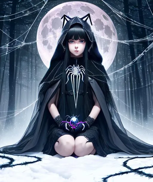 Prompt: llustrate a half-girl, half-spider creature with long hair sitting on a web in a dark forest. She holds a small spider and wears a cloak made of spiderwebs. Use a dark color palette and add a full moon in the background, 16k, UHD, HDR10, 16K, ((Masterpiece)) Absurdres, Beautiful face, most realistic face, perfect symmetrical face