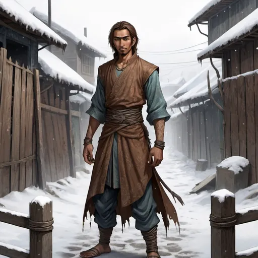 Prompt: Full body, Fantasy illustration of a male malay, gaunt, fence, insidious expression, medivial garment, greasy brown hair, high quality, rpg-fantasy, detailed, snow covered slums background