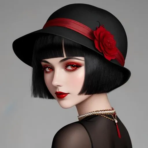 Prompt: a pretty girl  dressed in red,  dark black hair, flapper, wearing a hat 1920's era, bob hair cut, 1920's era makeup, facial closeup
