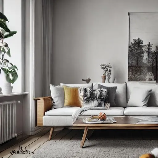 a Scandinavian living room with a sofa, photorealist...