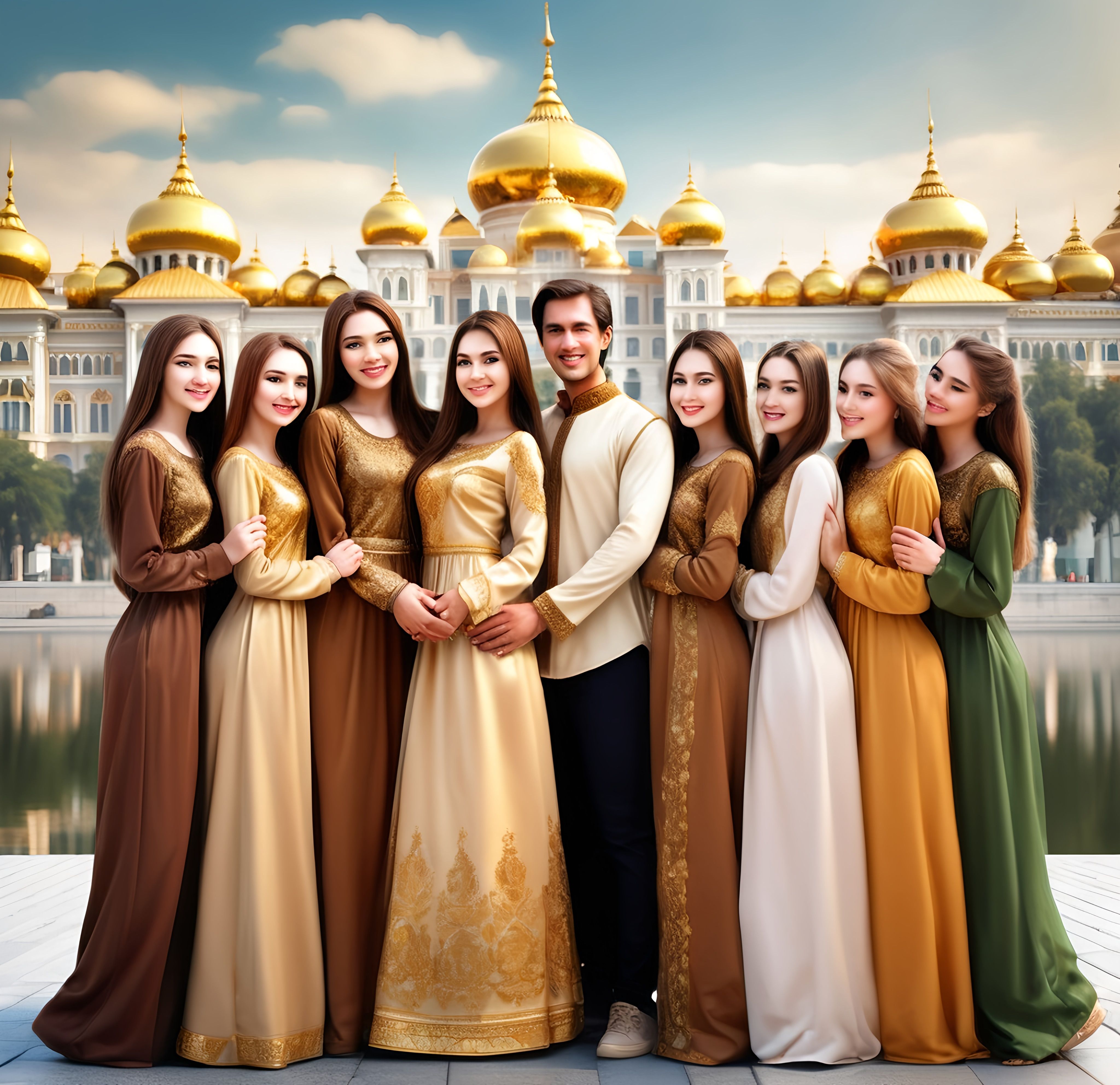 Prompt: Make a photo realistic A casual modern young charming tuff man, Stand in the middle of five young Middle Eastern women princesses wearing gold and brown elegant islamic dresses in front of a grand palace with golden domes with the glass mirror river. All princesses women are hugging the man in full loving bonding. The Princesses women are in the varieties of charming beautiful faces in full lenght potrait.