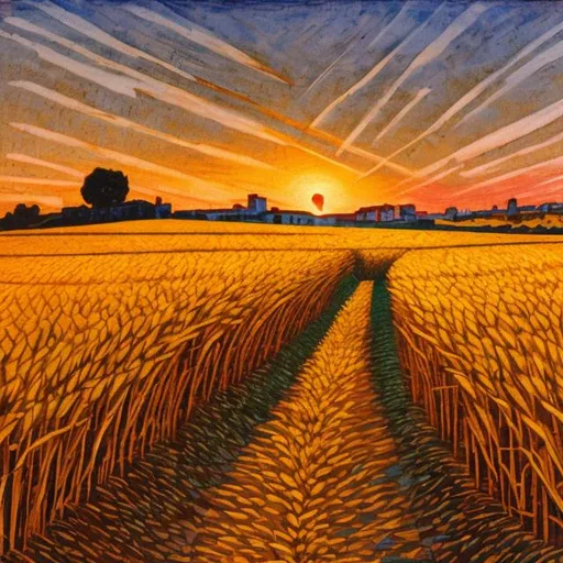 Prompt: Path through wheat fields at sunset in the style of Guttuso