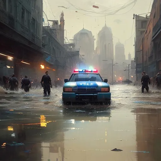 Prompt: "a police car driving through shallow water, flooded city, raining, people walking through shallow water, muted colors, hyperrealistic, oil painting, intricate, cgsociety, artstation, 8 k, cinematic, soft lighting, by greg rutkowski, by wlop, by artgerm"