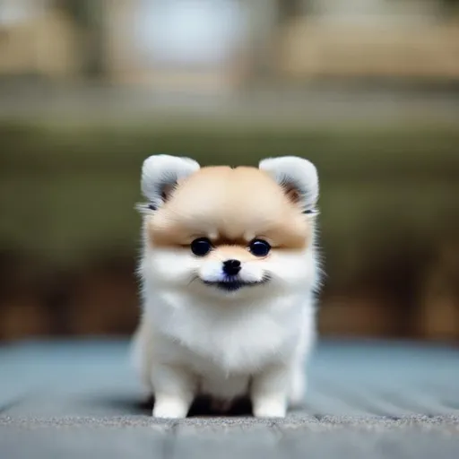 Prompt: Mini Toy Pomeranian in high neck clothes, looking into the camera, white, blue eyes, shiba cut