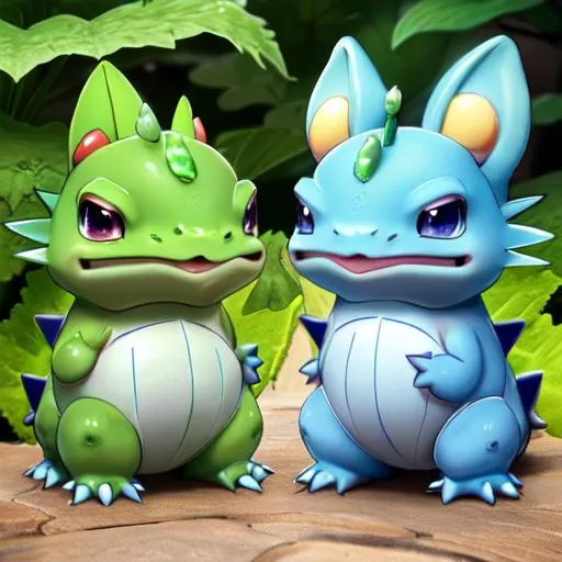 Prompt: HD, High Quality, 5K, Anime, Bulbasaur, blue-green quadrupedal amphibian, green plant bulb on back,  blue skin with darker patches, It has red eyes with white pupils, pointed, ear-like structures on top of its head, and a short, blunt snout with a wide mouth, A pair of small, pointed teeth are visible in the upper jaw when its mouth is open, Each of its thick legs ends with three sharp claws, On Bulbasaur's back is a bright green circular plant bulb that conceals two slender, tentacle-like vines, which is grown from a seed planted there at birth, The bulb also provides it with energy through photosynthesis as well as from the nutrient-rich seeds contained within, forest, Pokémon by Frank Frazetta