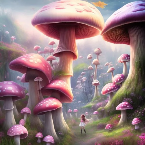 Prompt: Mushroom Valley, Giant Mushrooms, Magical Atmopshere, High Fantasy, HQ, Magical Girl, Girl Picking Mushrooms, Pink Dress