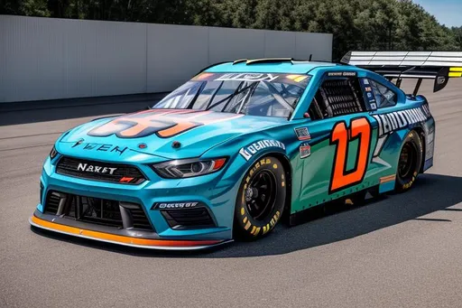 Prompt: Next Gen Nascar stock car, spoiler on trunk, blue and orange color scheme